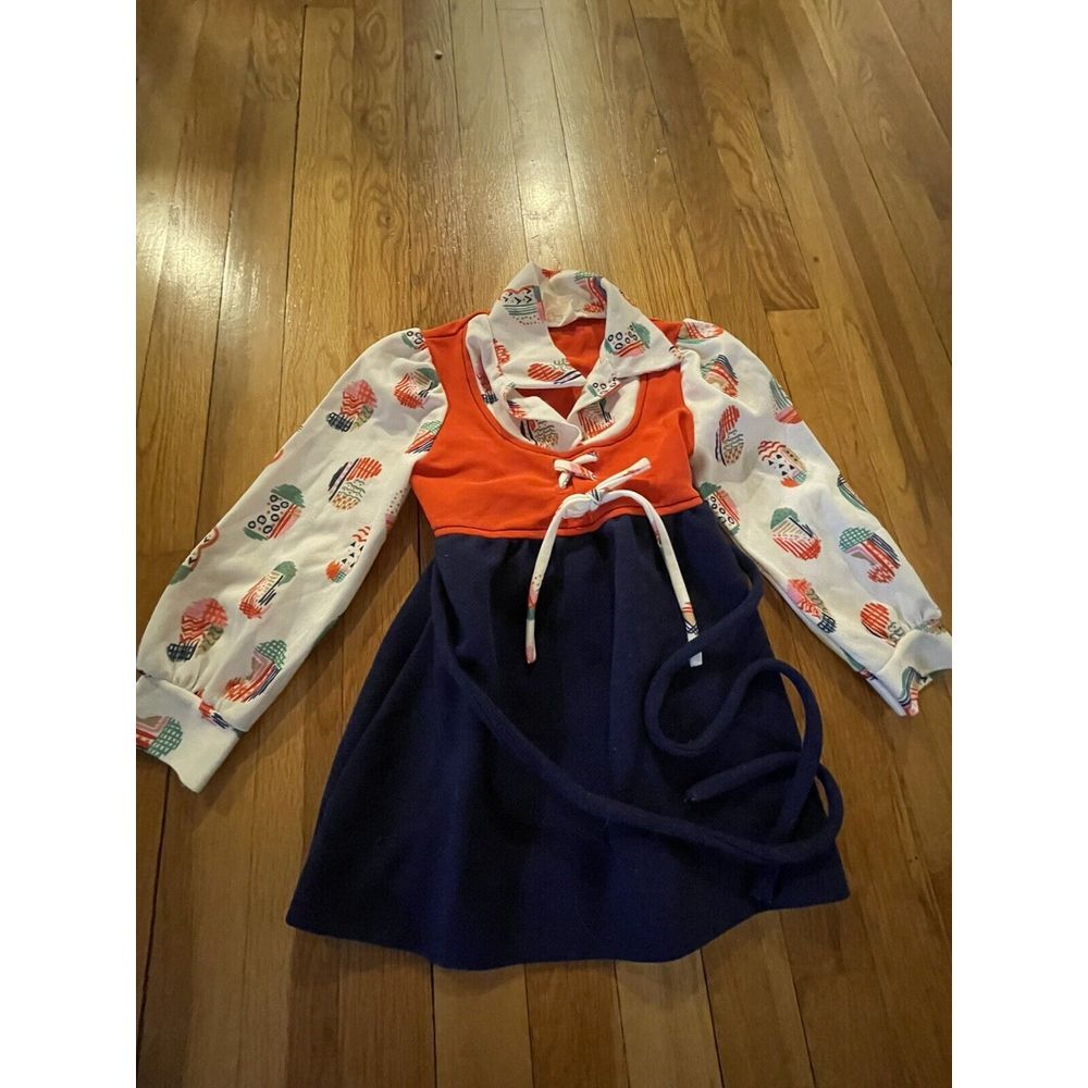 Vintage Love Brand 1970's Girls Sz 5 Dress Red‎ Navy Groovy Retro Patterned Wow
